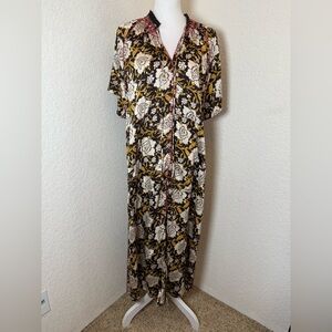 NATURAL LIFE‎ Pretty Brown Gold Print Long Maxi Dress! Short Sleeve. Size Large